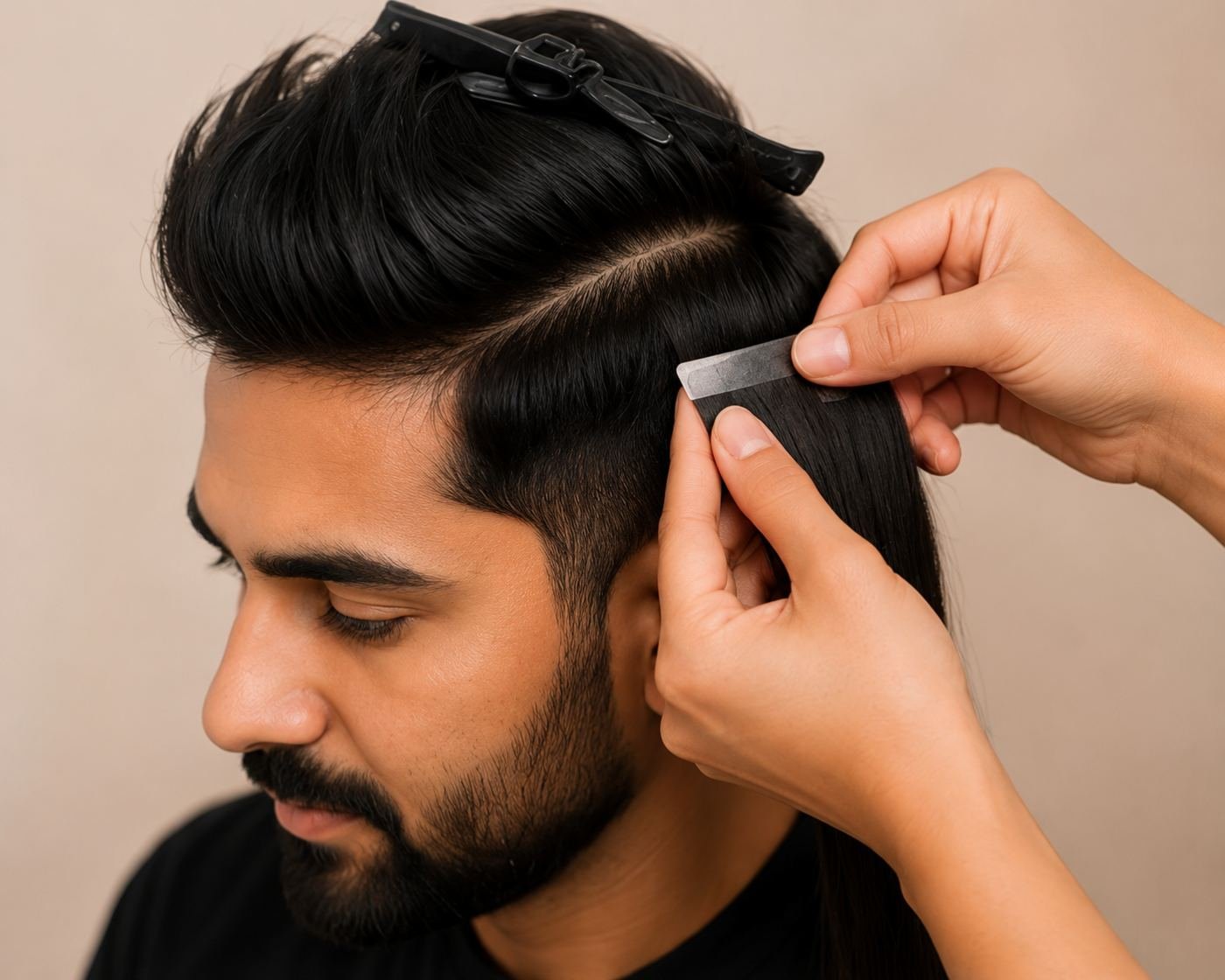 Tape hair extensions being applied