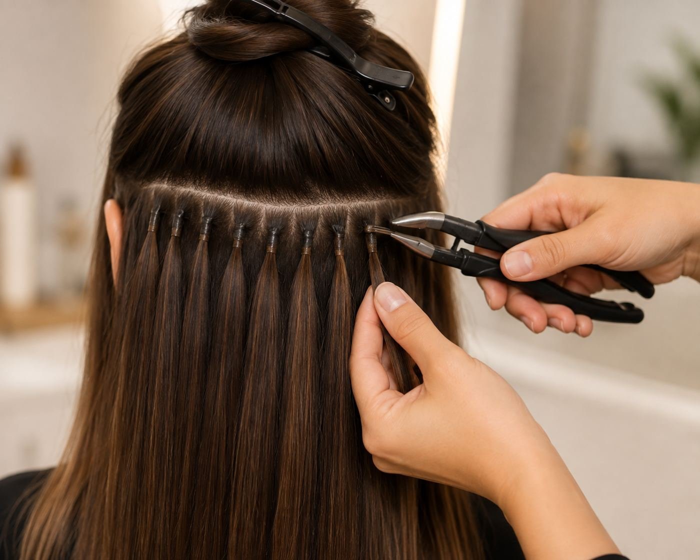 Keratin fusion extensions being applied